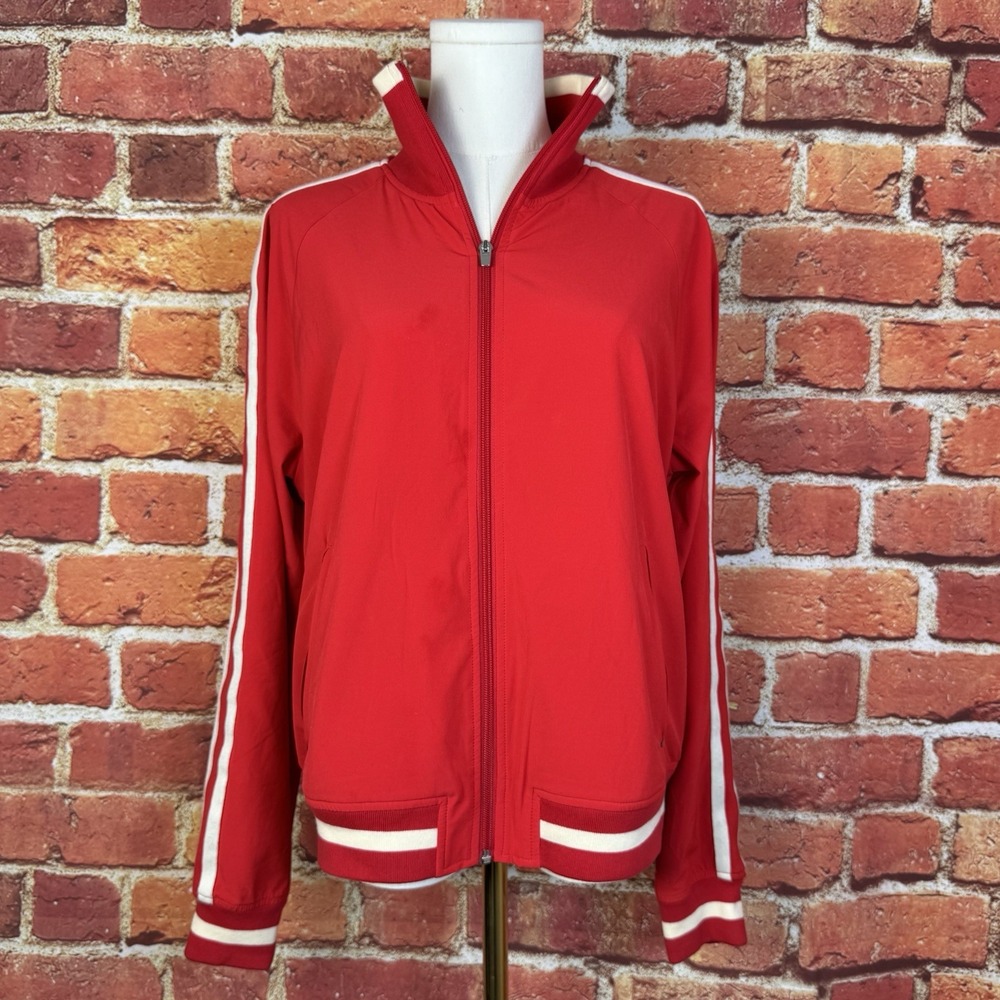 Athleta Brooklyn Track  Jacket Full Zip‎ Red Ivory Lines Pockets Size Small